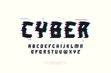 Hisse senedi vektör dekoratif sans serif yazı tipi aksaklık distorsiyon etkisi ile. Harfler ve sayılar için bilim-kurgu, cyber, modaya uygun bir logo ve başlık tasarım