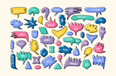 Konuşma kümesi elinde çizilmiş stil kabarcıklar. İletişim windows ifadeler ile: Merhaba, Evet, Vay, hoş geldiniz, Oh, kardeşim, Unreal, Boom, serin ve diğer. Renk beyaz zemin üzerine yazdırma