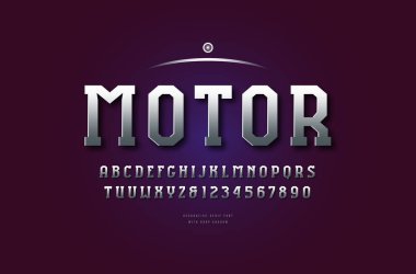 Hisse senedi vektör gümüş renkli ve metal krom dar levha serif yazı tipi, alfabe, yazı. Harf ve rakam spor logo tasarımı için