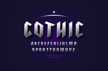 Hisse senedi vektör gümüş renkli ve metal krom sans serif yazı tipi, alfabe, yazı siyah harf tarzı. Viking ve askeri logo tasarımı için mektuplar