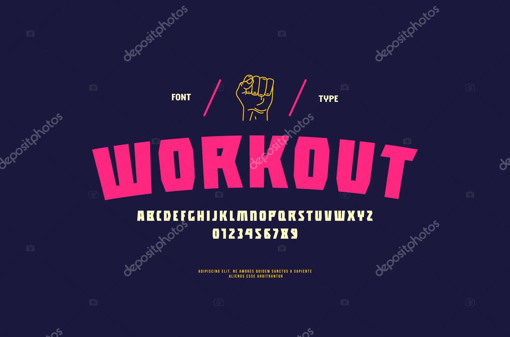 Stock vector sans serif font, alphabet, typeface. Letters and numbers for workout, gym, sport logo and t-shirt design. Color print on blue background