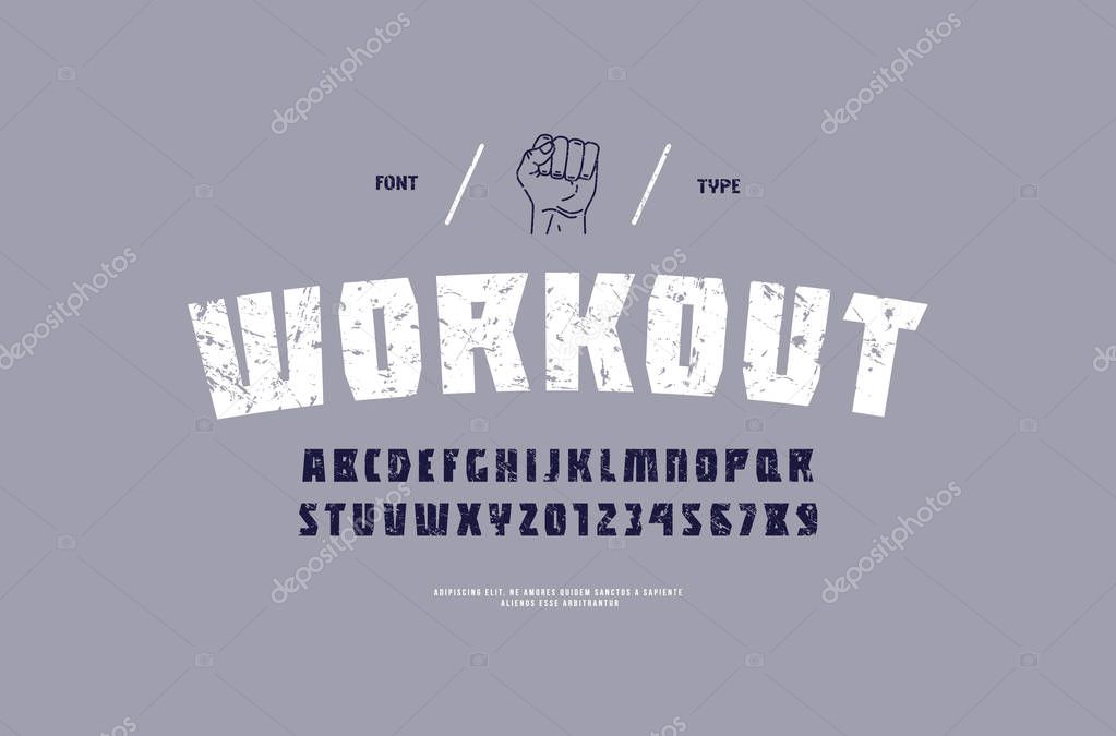 Stock vector sans serif font, alphabet, typeface. Letters and numbers with vintage texture for workout, gym, sport logo and t-shirt design. Color print on gray background