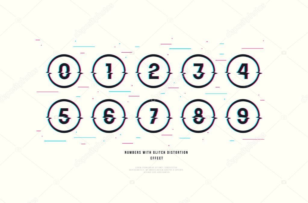 Stock vector decorative numbers in round frames. Design with glitch distortion effect. Color print on white background
