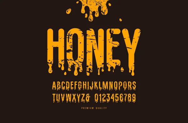 装饰无衬线字体 字母和数字与复古纹理蜂蜜标志和标签设计 黑色背景上的黄色打印 — 图库矢量图片