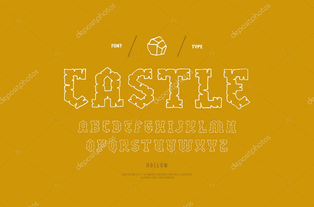 Stock vector hollow serif handcrafted font, alphabet, typeface. Letters and numbers for logo and t-shirt design. Print on yellow background