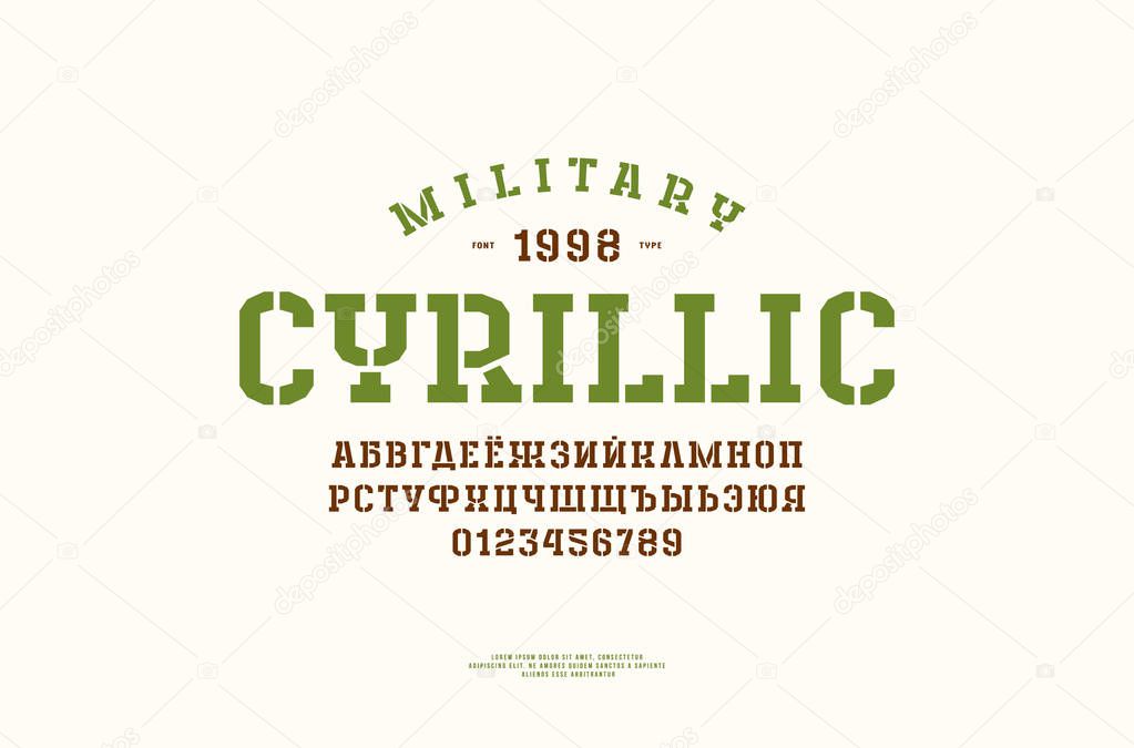 Cyrillic stencil-plate slab serif font in the sport style. Letters and numbers for logo and title design. Isolated on white background