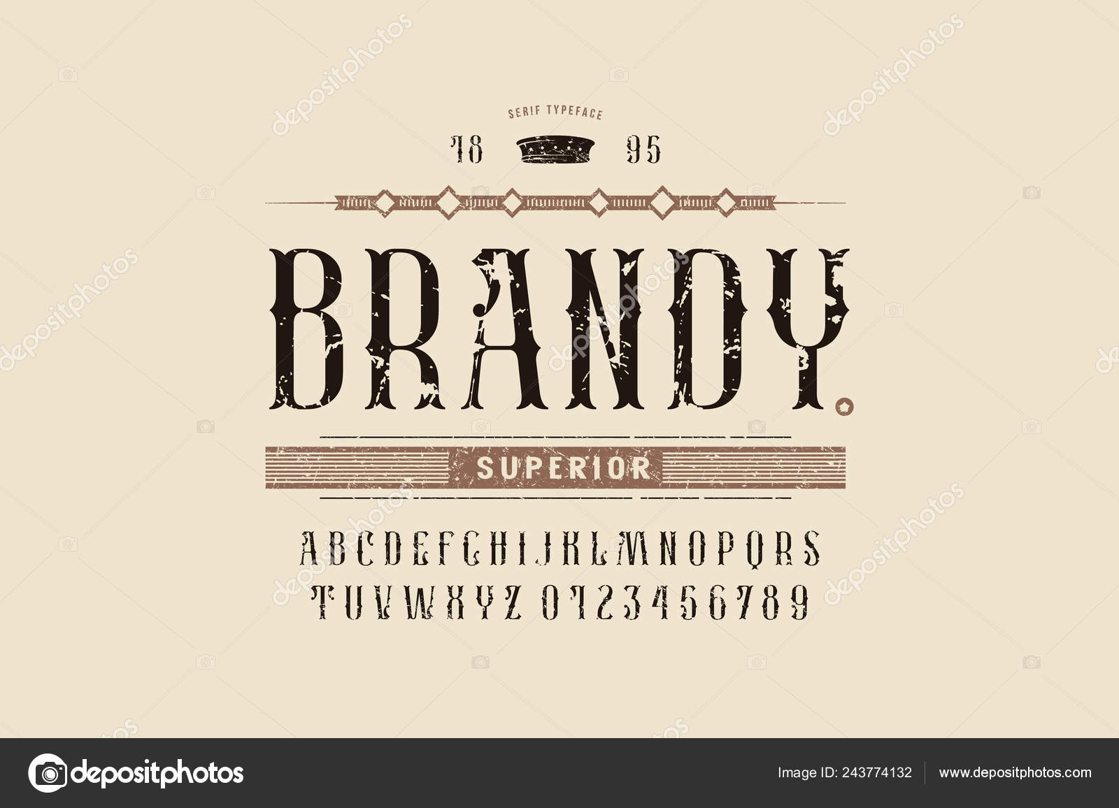 Stock Vector Serif Narrow Decorative Font Alphabet Typeface Brandy Label Stock Vector by