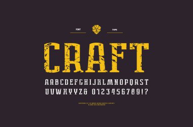 Dar serif yazı tipi kentsel tarzı. Harf ve rakam logo ve etiket tasarımı için vintage doku ile. Renk siyah arka planda yazdırma