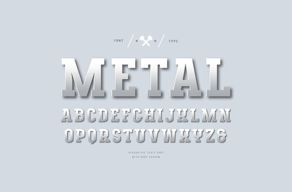 Stock vector silver colored and metal chrome slab serif font. Letters for sport logo and headline design. Color print on light gray background