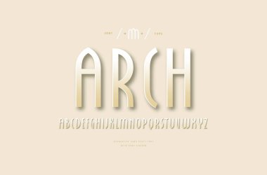 Stock vector golden colored narrow sans serif font. Letters and numbers for logo and headline design in gothic style. Color print on light ocher background