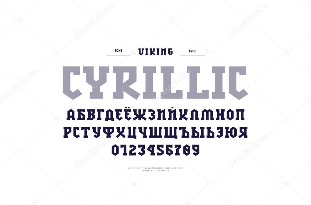 Cyrillic slab serif font in military style. Letters and numbers for logo and headline design. Isolated on white background