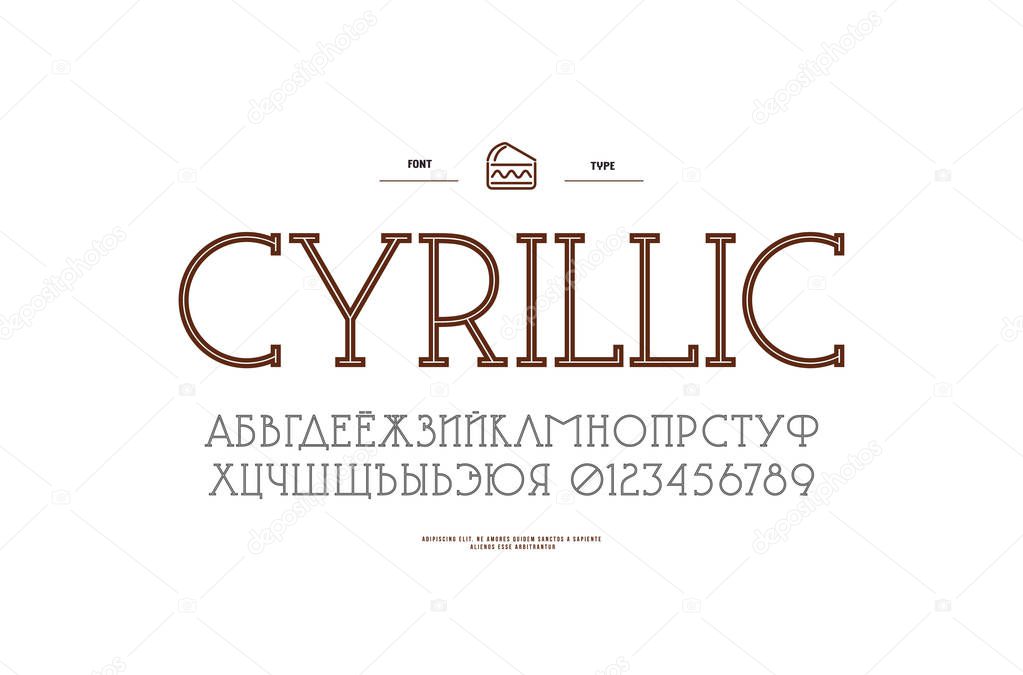 Decorative slab serif font with an internal contour. Medium face. Cyrillic letters and numbers for logo and label design. Isolated on white background