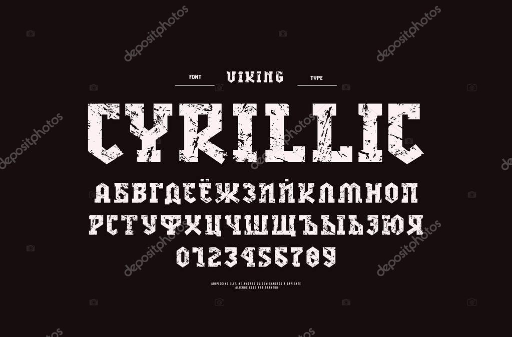 Cyrillic slab serif font in military style. Letters and numbers with rough texture for logo and headline design. White print on black background