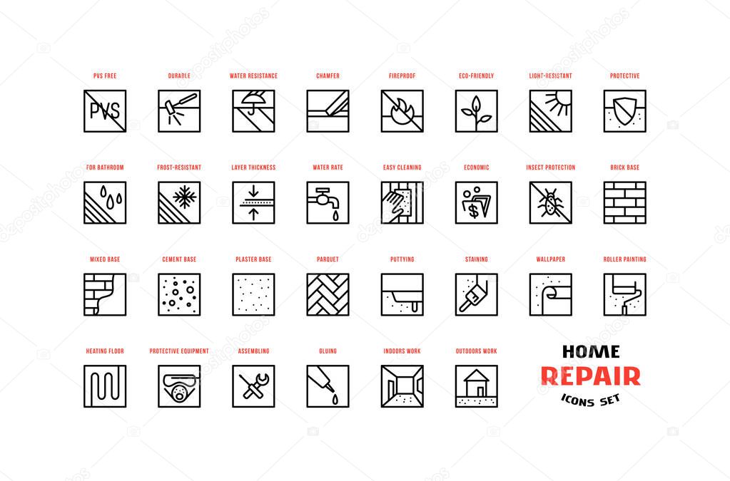 Home repair and building icons set in thin line style
