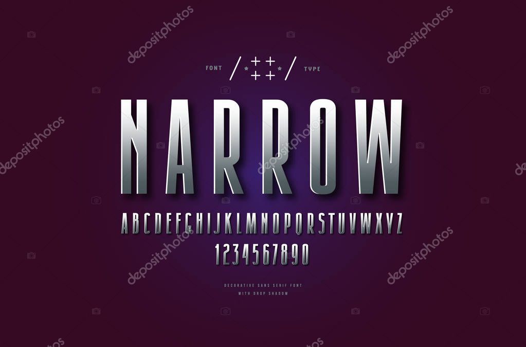 Stock vector silver colored and metal chrome narrow sans serif font. Letters for logo and headline design