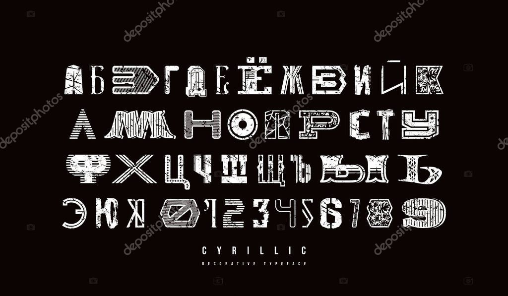 Decorative cyrillic font of different styles. Letters and numbers with rough texture for logo and headline design. White print on black background