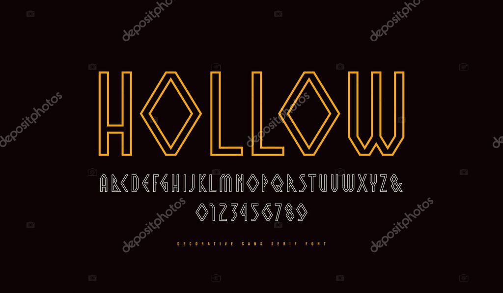 Hollow geometric sans serif font. Letters and numbers for viking, military logo and emblem design. Color print on black background