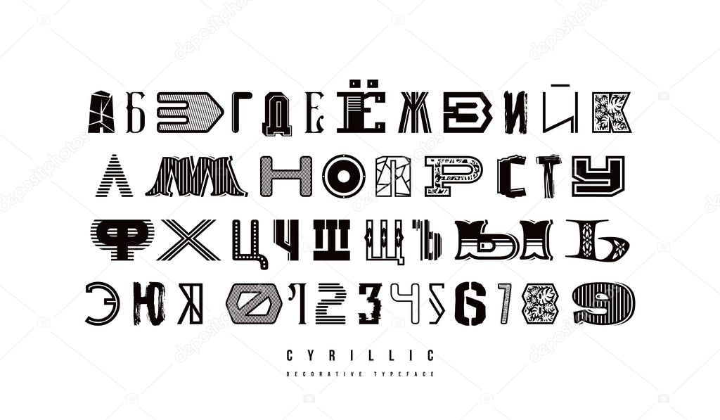 Decorative cyrillic font of different styles. Letters and numbers for logo and headline design. Isolated on white background