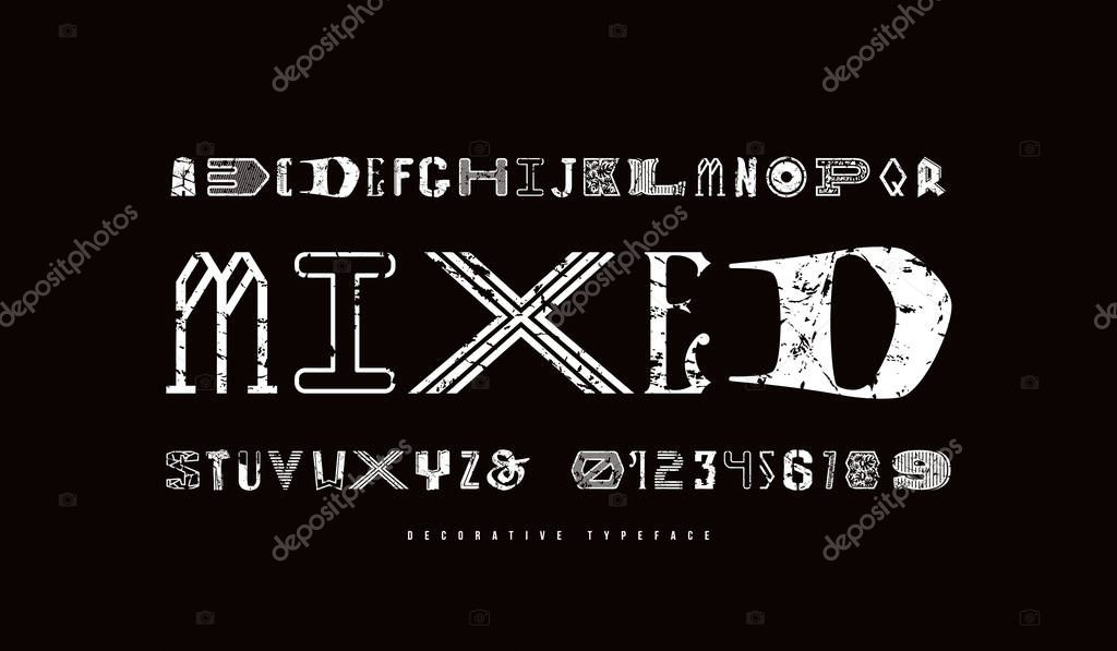 Decorative font of different styles. Letters and numbers with rough texture for logo and headline design. White print on black background