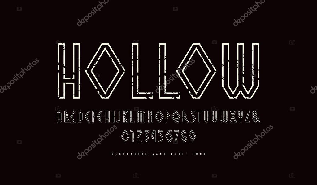 Hollow geometric sans serif font. Letters and numbers with vintage texture for viking, military logo and emblem design. White print on black background