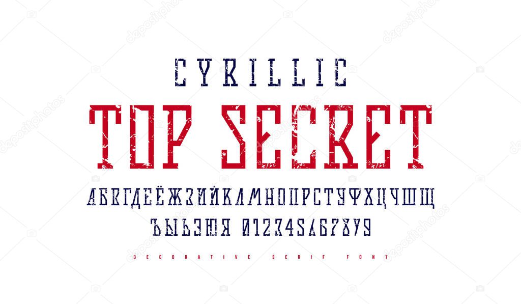 Cyrillic narrow slab serif font in futuristic style