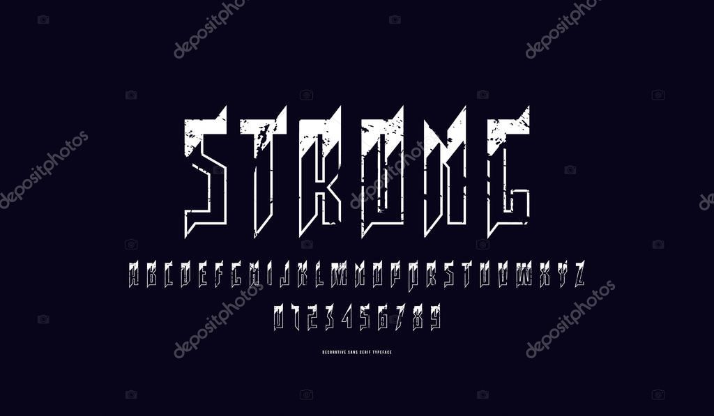Decorative narrow sans serif font with elements of thorns. Letters and numerals with vintage texture for logo and emblem design. White print on black background