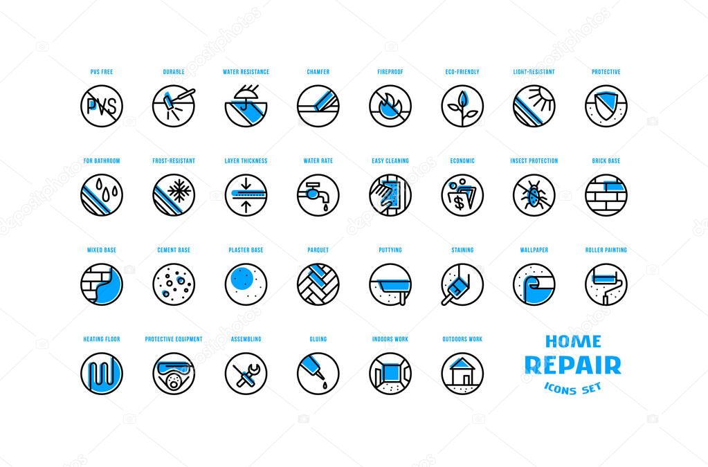 Home repair and building icons set in thin line style