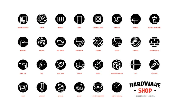 Tienda de hardware y conjunto de construcción de iconos redondos — Vector de stock