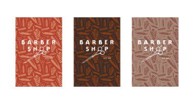 Berber dükkanı için şablon broşürleri ve pürüzsüz desenler. Renk değişkenleri