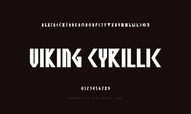 Geometrik dar Kiril alfabesi viking tarzında serif yazı tipi içermiyor. Cesur surat. Logo ve amblem tasarımı için harfler ve numaralar. Siyah arkaplanda beyaz baskı