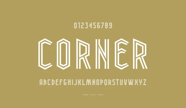 Narrow Striped Sans Serif Font Cara Corajosa Letras Números Para — Vetor de Stock