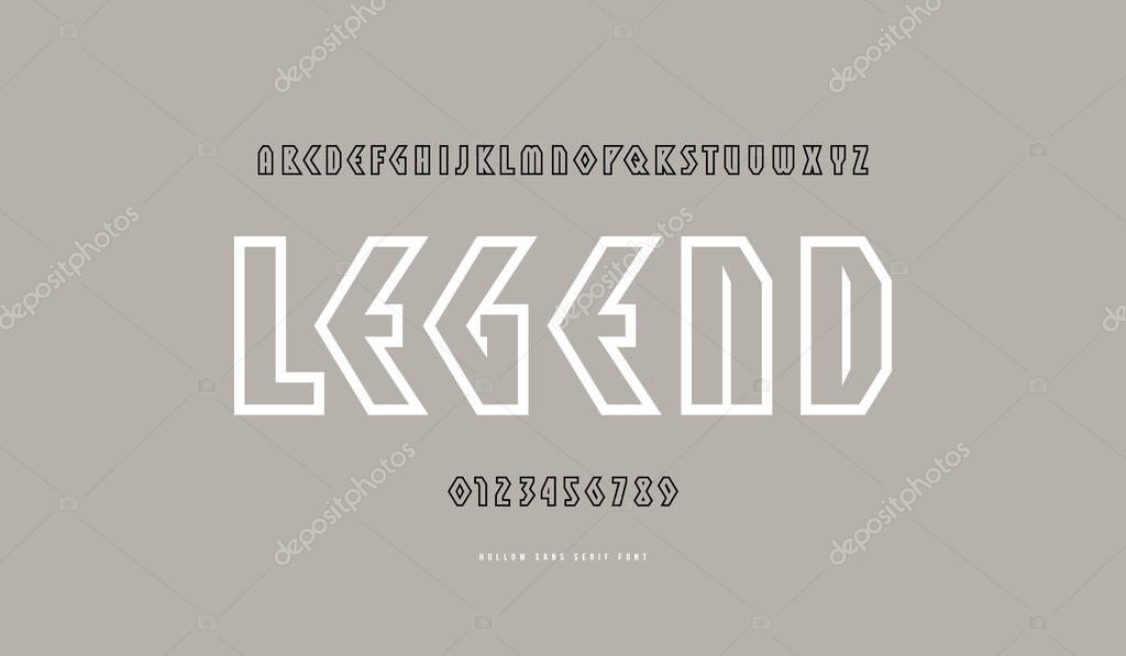 Hollow geometric sans serif font in viking style. Letters and numbers for logo and emblem design