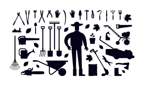 Illustration Vectorielle Stock Kit Outils Jardin Jardinier Silhouettes Noires Sur — Image vectorielle