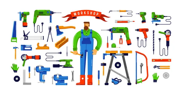 Stock Vector Illustration Workshop Tool Kit Worker 버라이어티 형태의 디자인 — 스톡 벡터