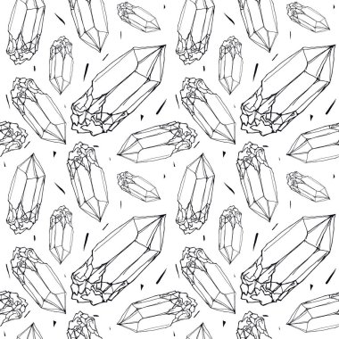 Kusursuz desenli bir mineral kristali. İnce çizgi grafik tarzı. Siyah ve beyaz baskı 