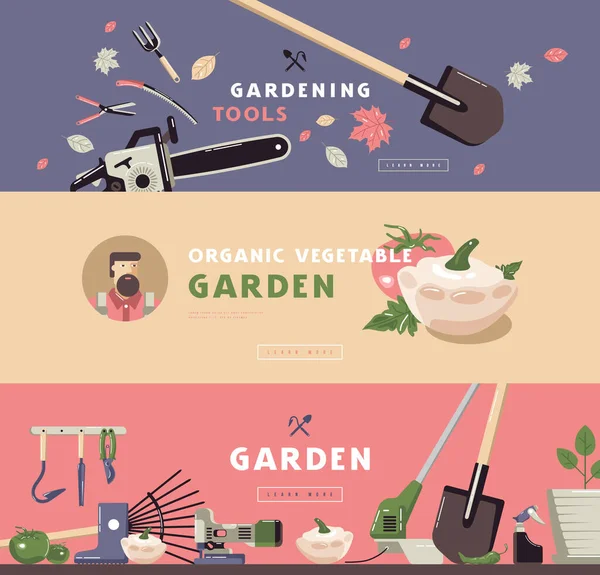 Bestandsvektorillustration Der Gartenarbeit Hobby Banner Set Mit Werkzeugen Und Gemüse — Stockvektor