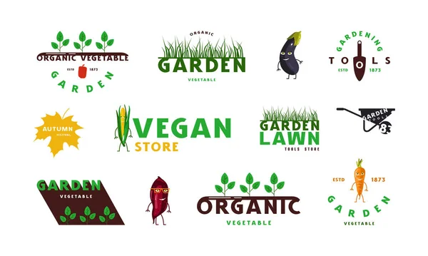 Set Garden Organic Vegetable Vegan Labels Logo Color Print White — Stock Vector