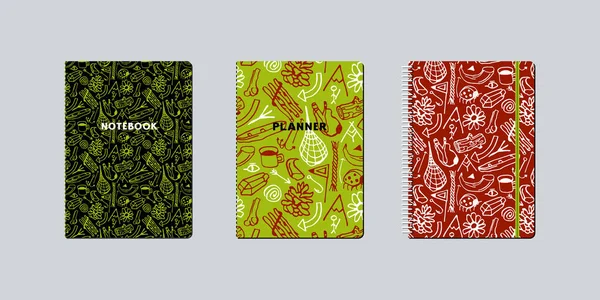 Caderno Artístico Cobre Design Com Gráfico Desenhado Mão Camping Caminhadas — Vetor de Stock