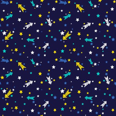 El çizimi grafiklerdeki kusursuz desen. Oklar ve yıldızlar çiziyor. Mavi arkaplanda renk izi