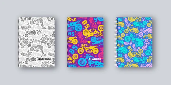 Cuaderno Artístico Cubre Diseño Patrón Con Dibujos Motocicletas — Vector de stock
