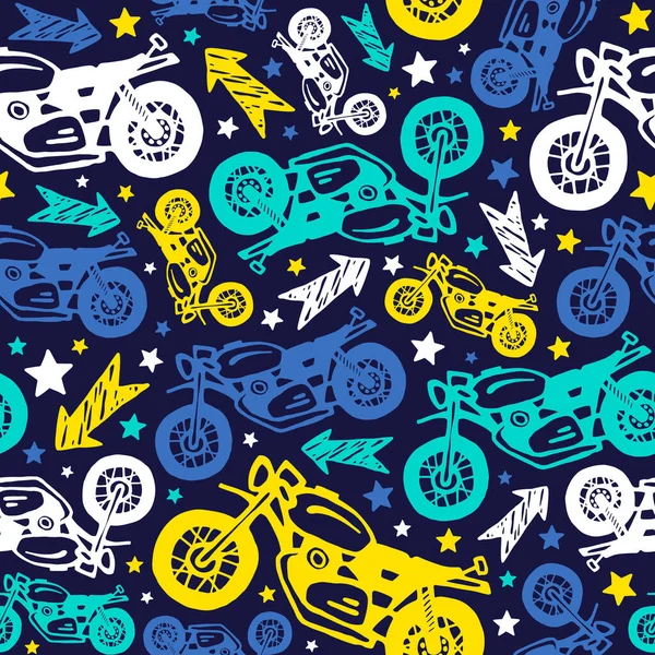 Раскрашенные Мотоциклы Бесшовный Рисунок Дизайн Текстиля Фона Оберточной Бумаги — стоковый вектор