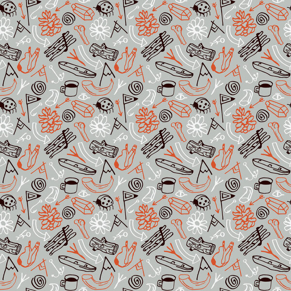 Seamless pattern in the style of hand-drawn graphics. Camping and scout theme