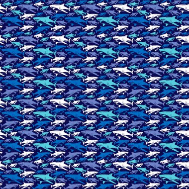 Köpekbalığı kamuflajı kusursuz desen. Çocuk kıyafetleri ve tekstil tasarımı için. Mavi arkaplanda renk izi