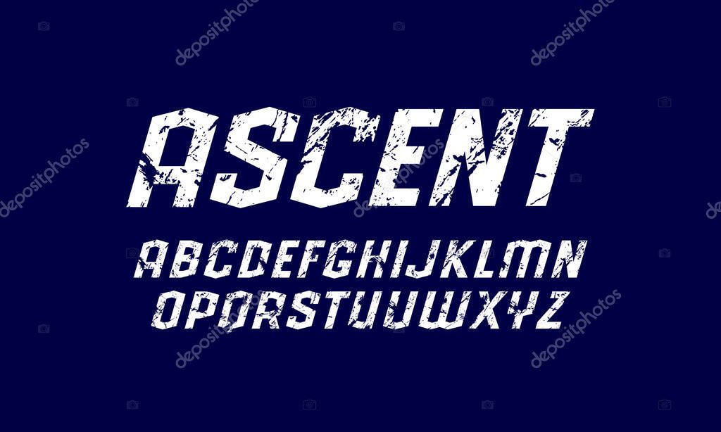 Oblique sans serif font in sport style. Letters with rough texture for logo and emblem design. White print on blue background