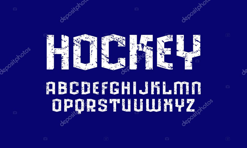 Sans serif font in sport style. Letters with rough texture for logo and emblem design. White print on blue background