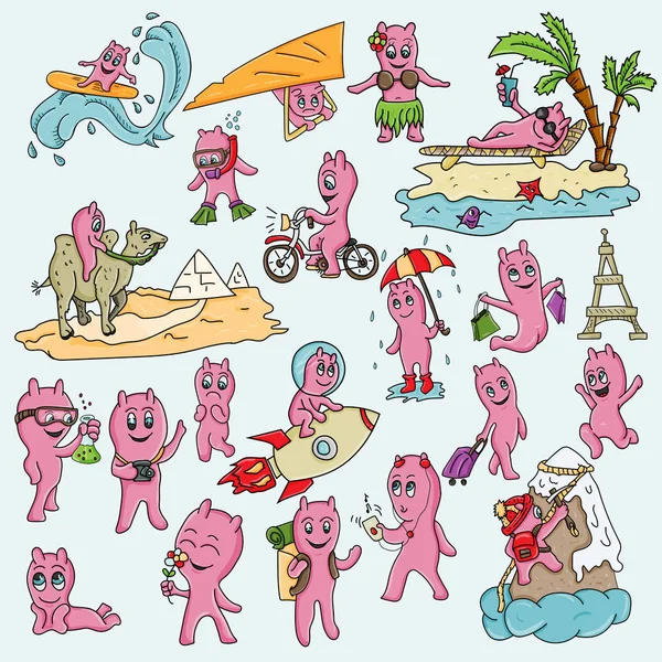 Vektoros Illusztráció Olyan Vicces Rózsaszín Férfiak Chibi Stílus Tárogató Különböző — Stock Vector