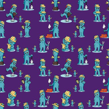vektör seamless modeli kontur çizim komik Doodle Chibi stili küçük erkeklerde farklı inşaat durumlarda boynuzlarıyla izole araçlar arka plan ile