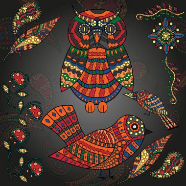 Gzhel, Khokhloma, arka plan tarzında bitki ve kuş hayvan ve bitki süs vektör çizim izole