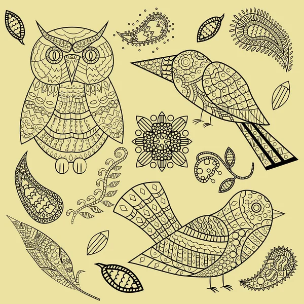 Ilustración Vectorial Animales Plantas Ornamento Aves Plantas Estilo Gzhel Khokhloma — Vector de stock