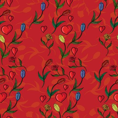 çiçek, gül ve lale vektör seamless modeli rasgele, yarı saydam arka arka plan, kumaşlar üzerine basım için ayarladım kapsar ve yazdırır